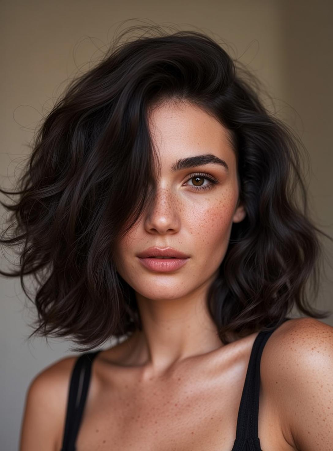 Freckled Woman Dark Wavy Hair Neutral Studio