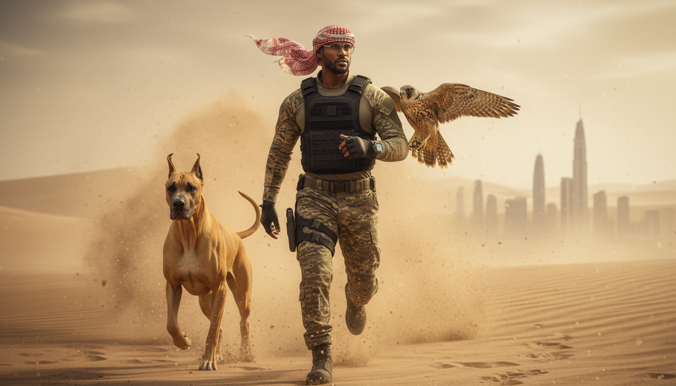 A fierce man in military camouflage sprinting through the golden desert, a majestic falcon flying beside him, captured in dynamic motion.