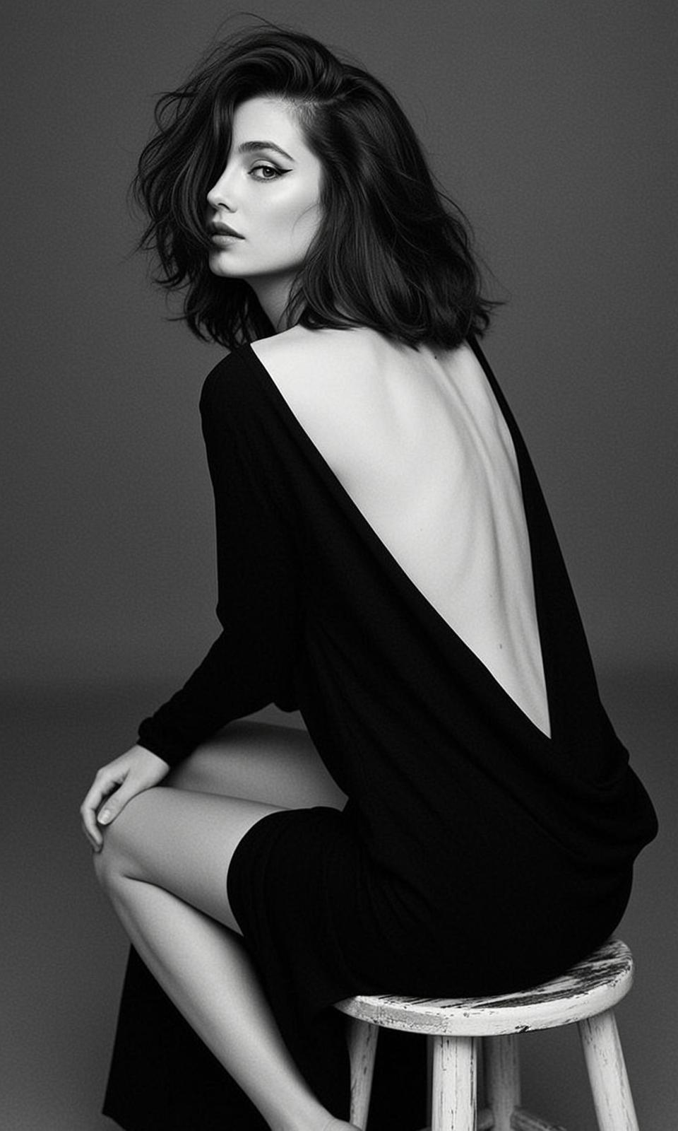Black And White Medium Shot Portrait Woman With Dark Wavy