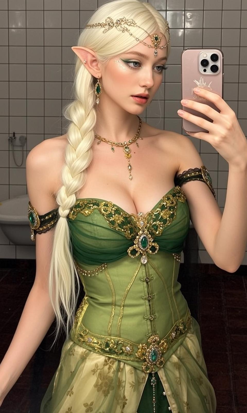 Green Corset and Gold Skirt with Gold Armbands Green Jewels