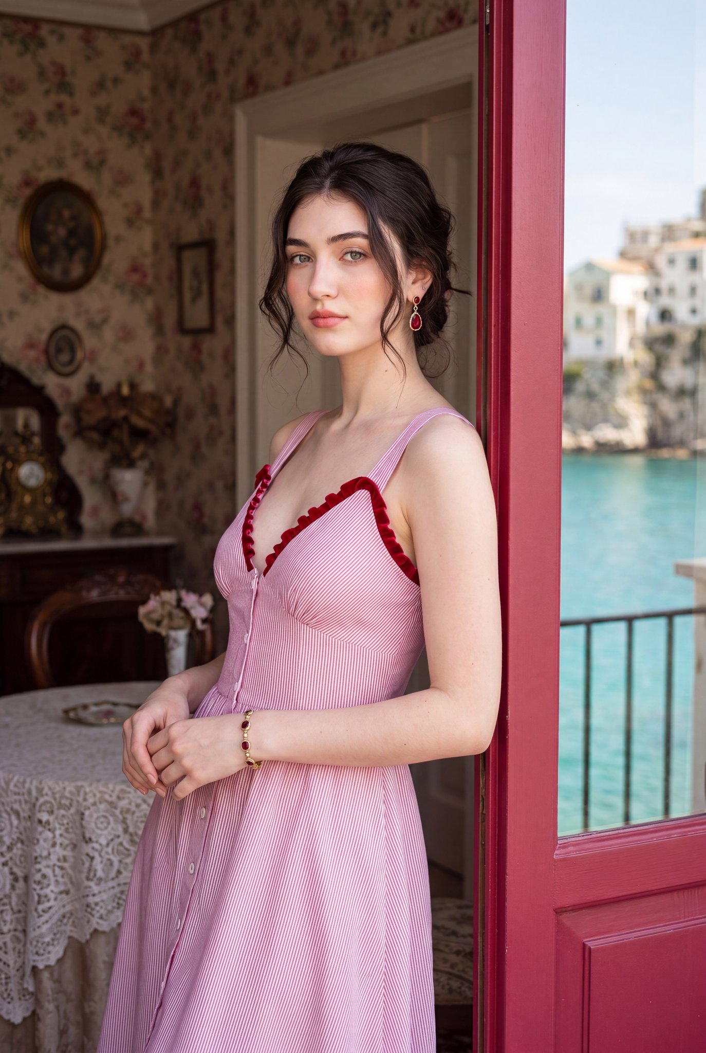 Pink Sundress Doorway Coastal Scene