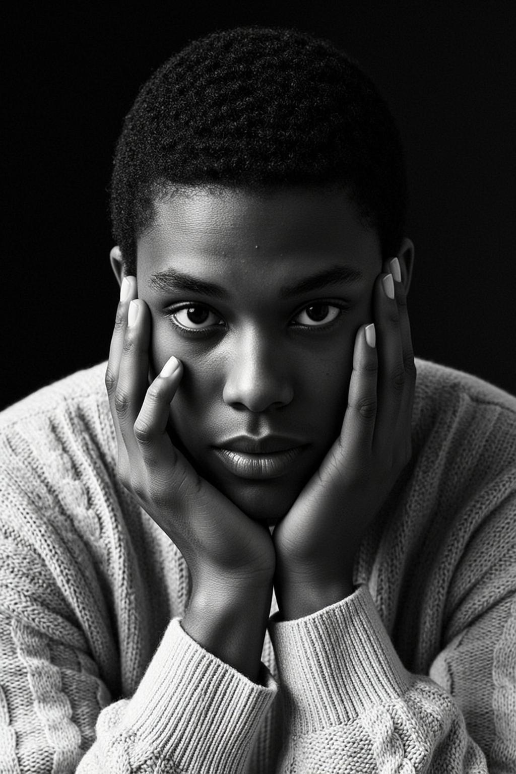 Photorealistic Medium Shot Portrait Young Black Individual With Short Wavy
