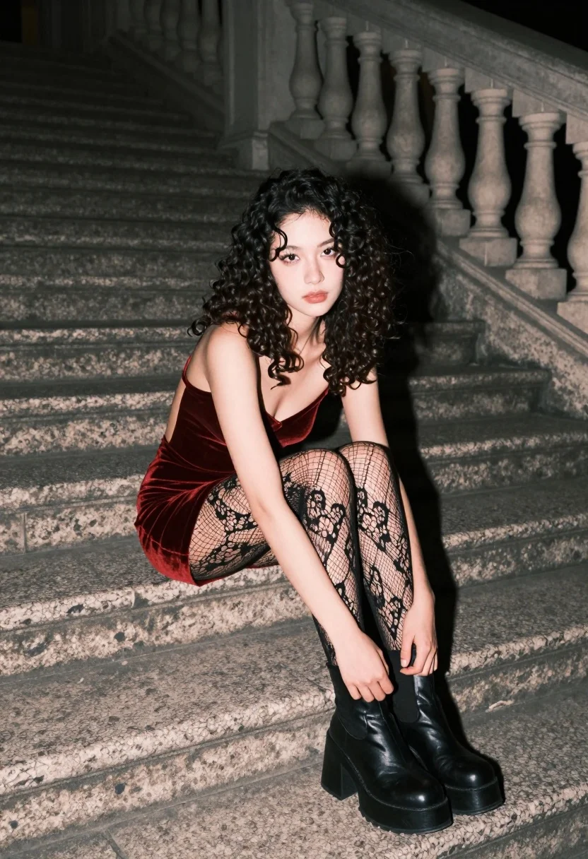 Young Woman With Dark Curly Hair Sits Wide Stone Steps
