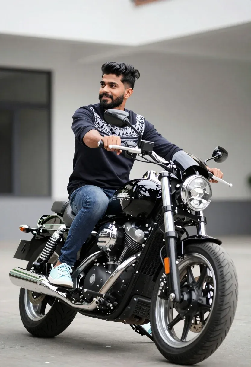 Man Sits Confidently Black Motorcycle Outdoor Setting With Blurred Building