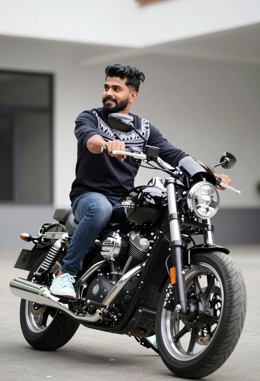 A man sitting confidently on a black motorcycle with a blurred building in the background, illuminated by natural daylight.