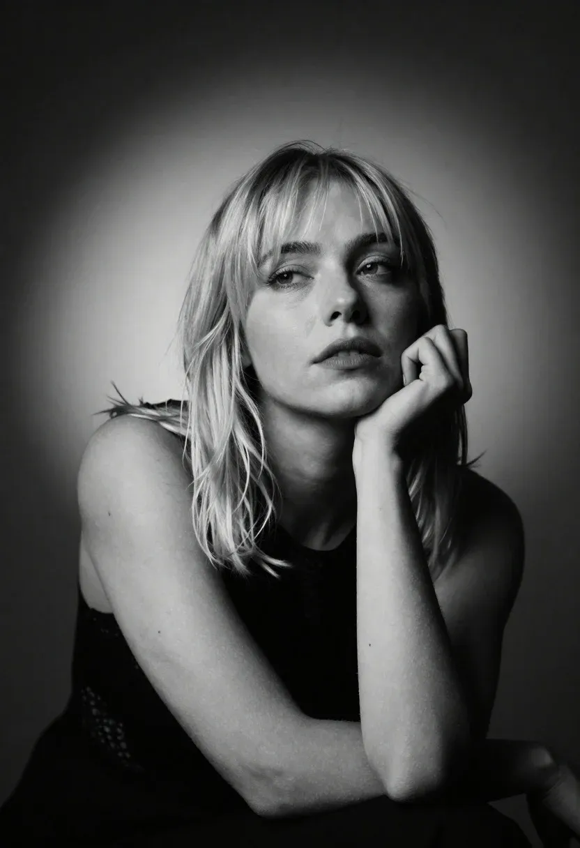 Black And White Studio Portrait Young Woman With Shoulder-length Blonde