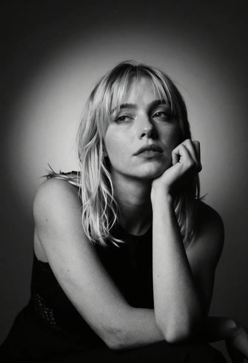 Black And White Studio Portrait Young Woman With Shoulder-length Blonde reference photo