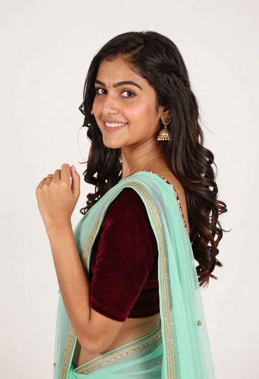 Smiling Young Woman With Long Dark Wavy Hair Styled Half-up