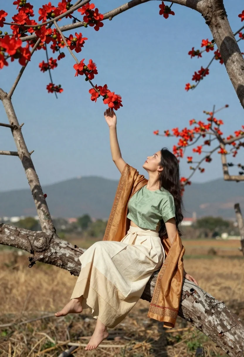 Graceful Woman Traditional Attire Sits Perched Thick Tree Branch Reaching