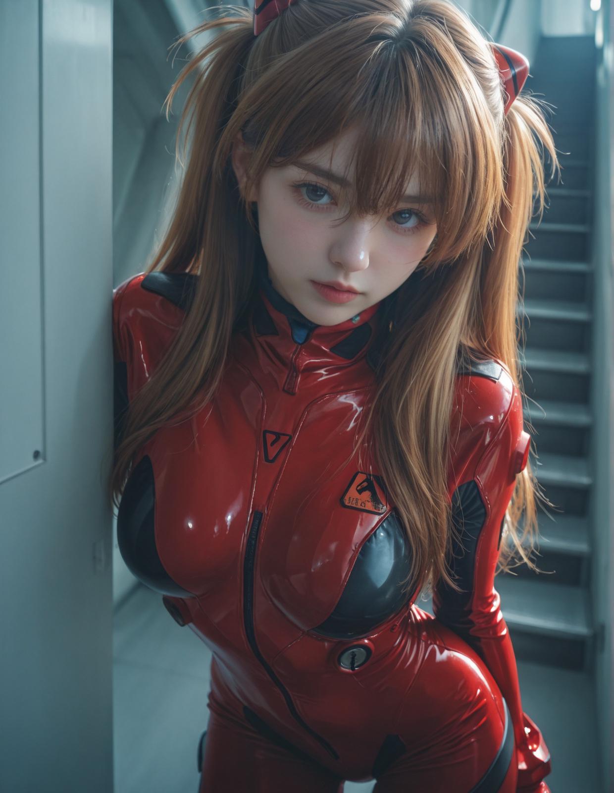 Red Latex Jumpsuit Blue Wall Pigtails Pose