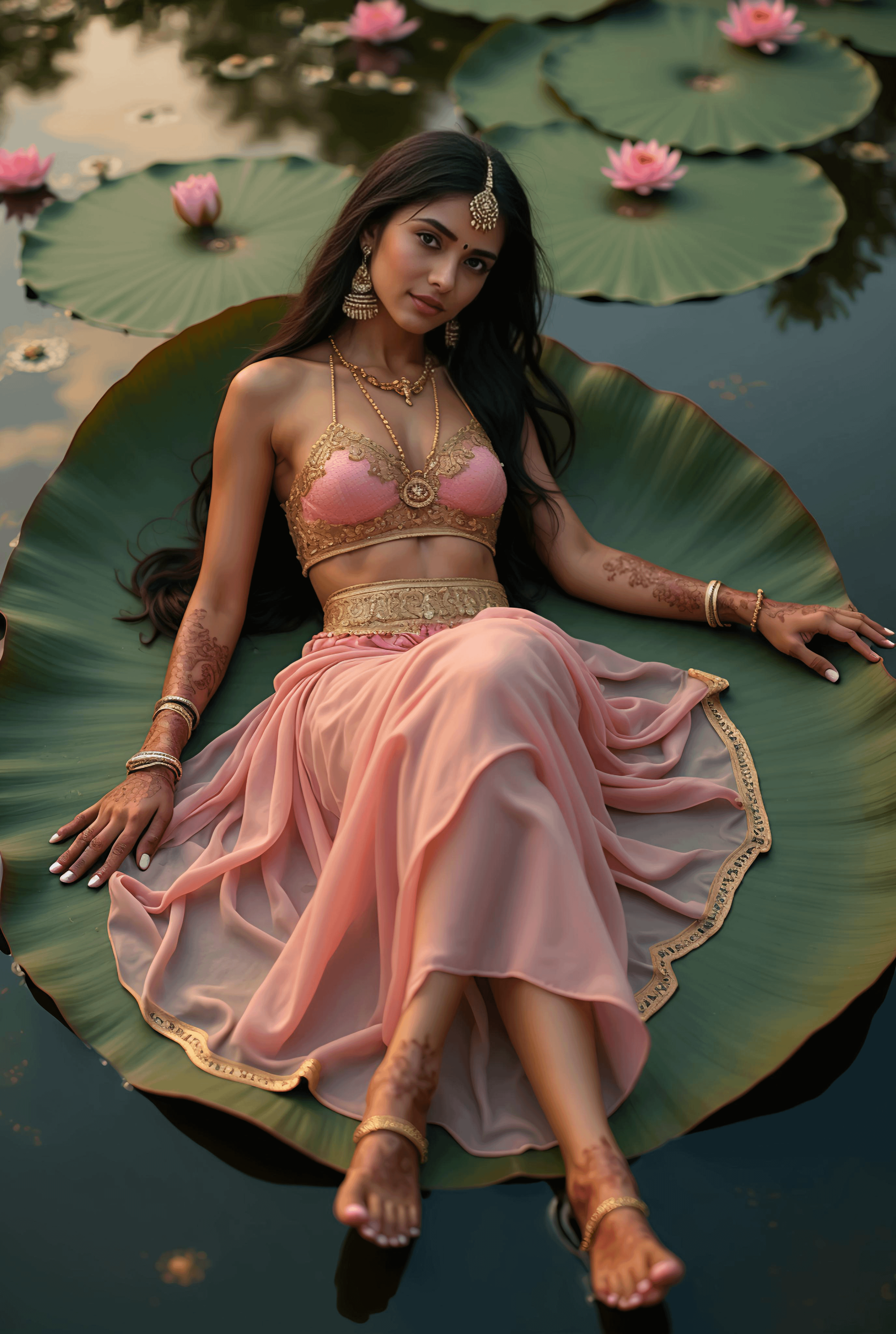 Reclining On Lily Pad Pink Lotus Flowers