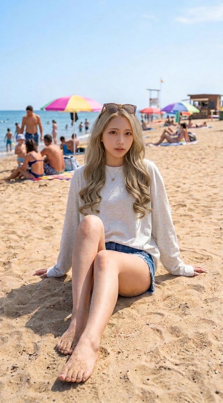 Sitting On Sunny Crowded Beach Wearing Sweater Shorts