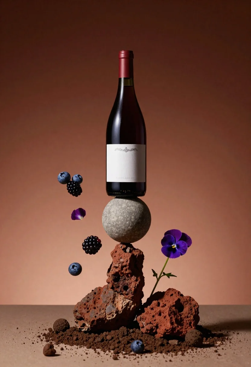 Surreal Still Life Composition Featuring Wine Bottle Balanced Atop Stack reference photo