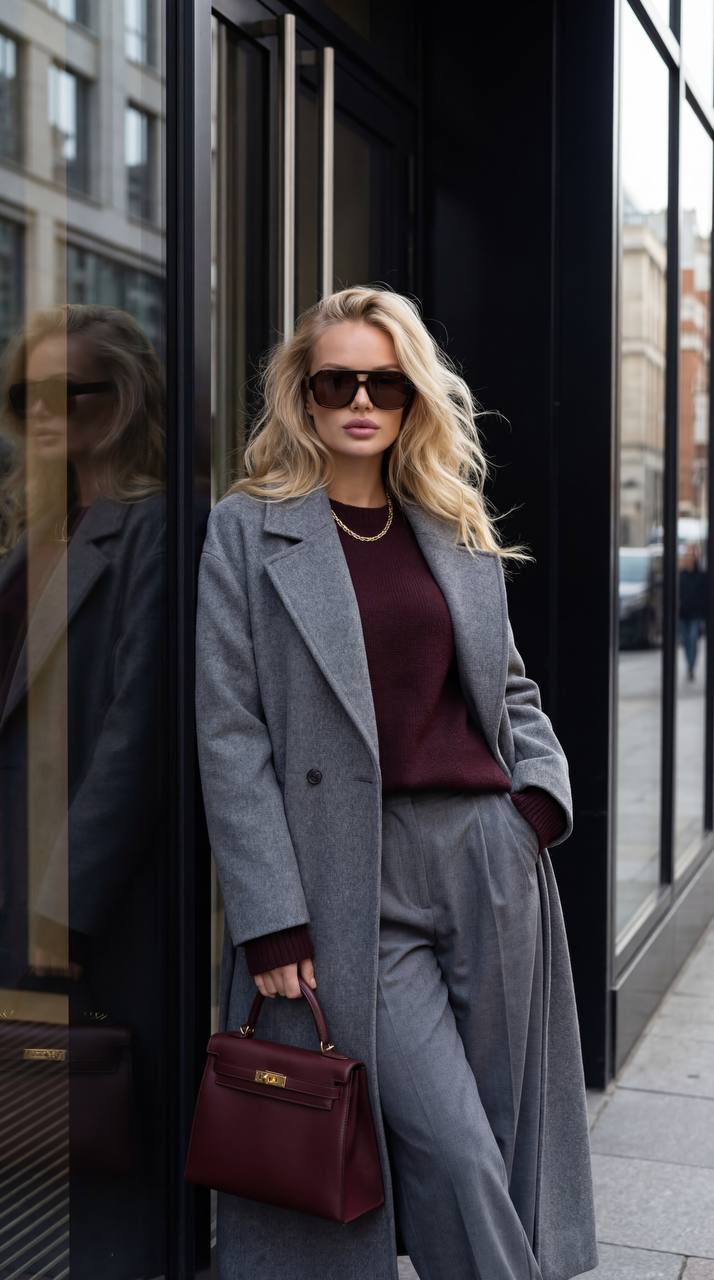 A stylish model leaning against a modern building entrance, showcasing a gray woollen coat and a luxurious burgundy bag.