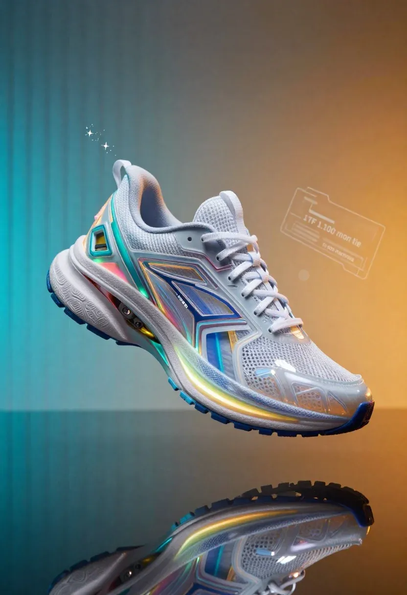 Hyper-realistic Product Shot Futuristic Running Shoe With Iridescent Holographic Panels
