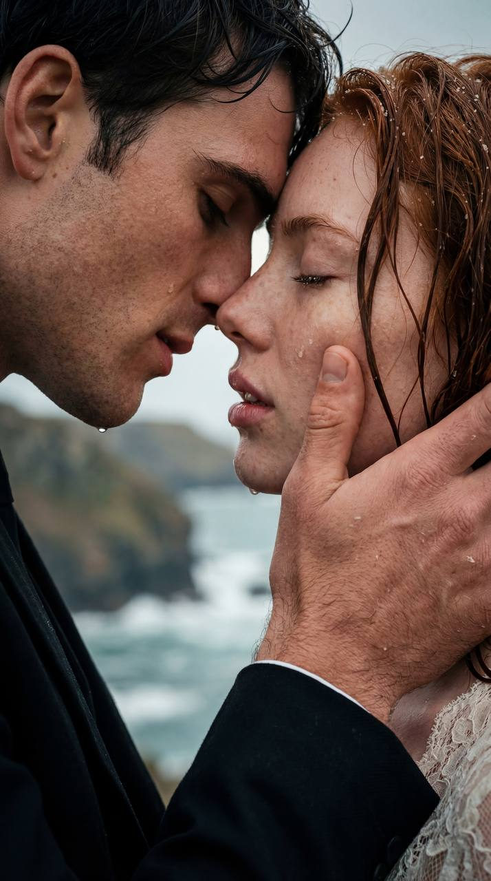 A man and woman about to kiss on a coastal cliff, with wet hair and intense gazes, captured in a cinematic style.