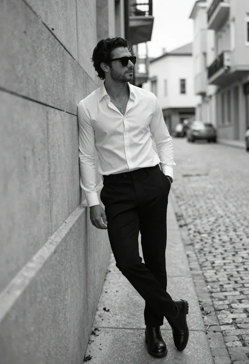 Stylish Man Stands Leaning Against Concrete Wall Cobblestone Street Urban