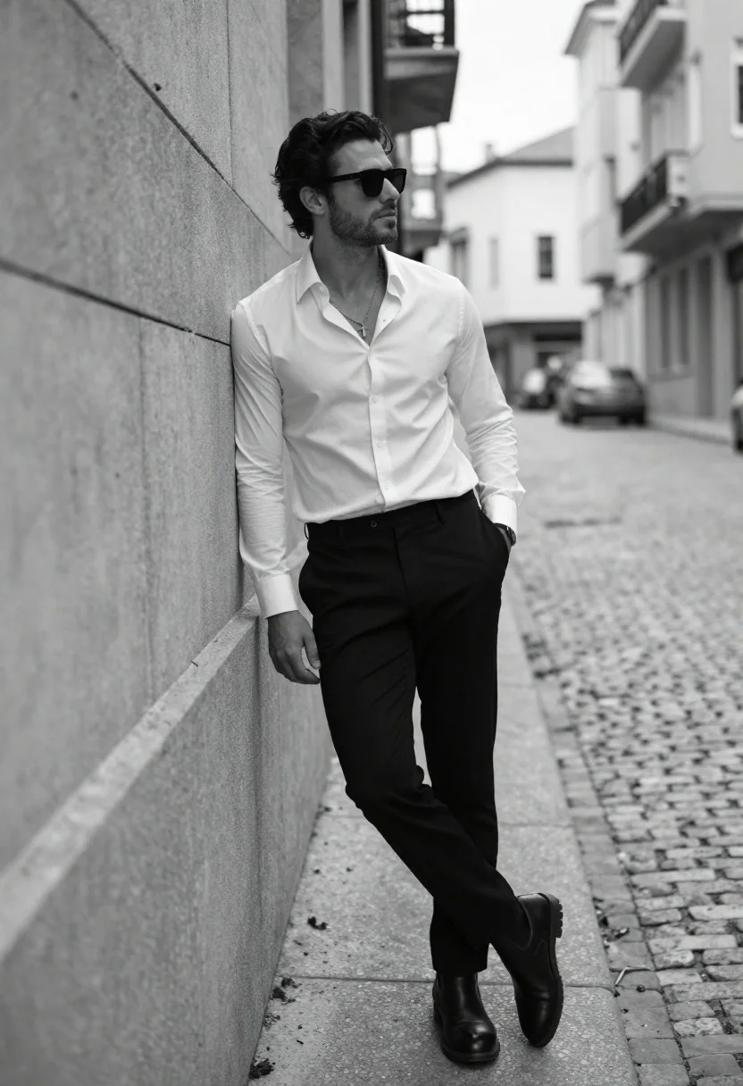 Stylish Man Stands Leaning Against Concrete Wall Cobblestone Street Urban
