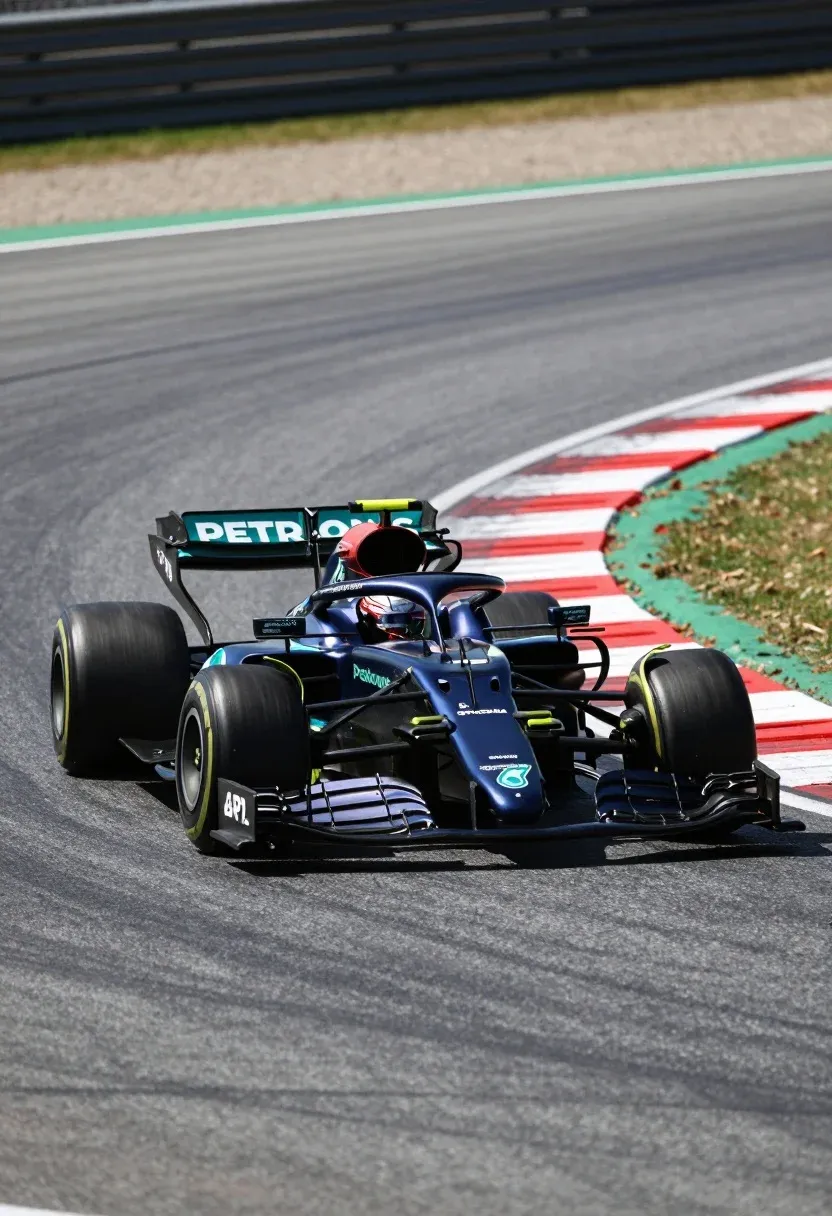 Sleek Blue Formula One Race Car Speeds Along Grey Asphalt