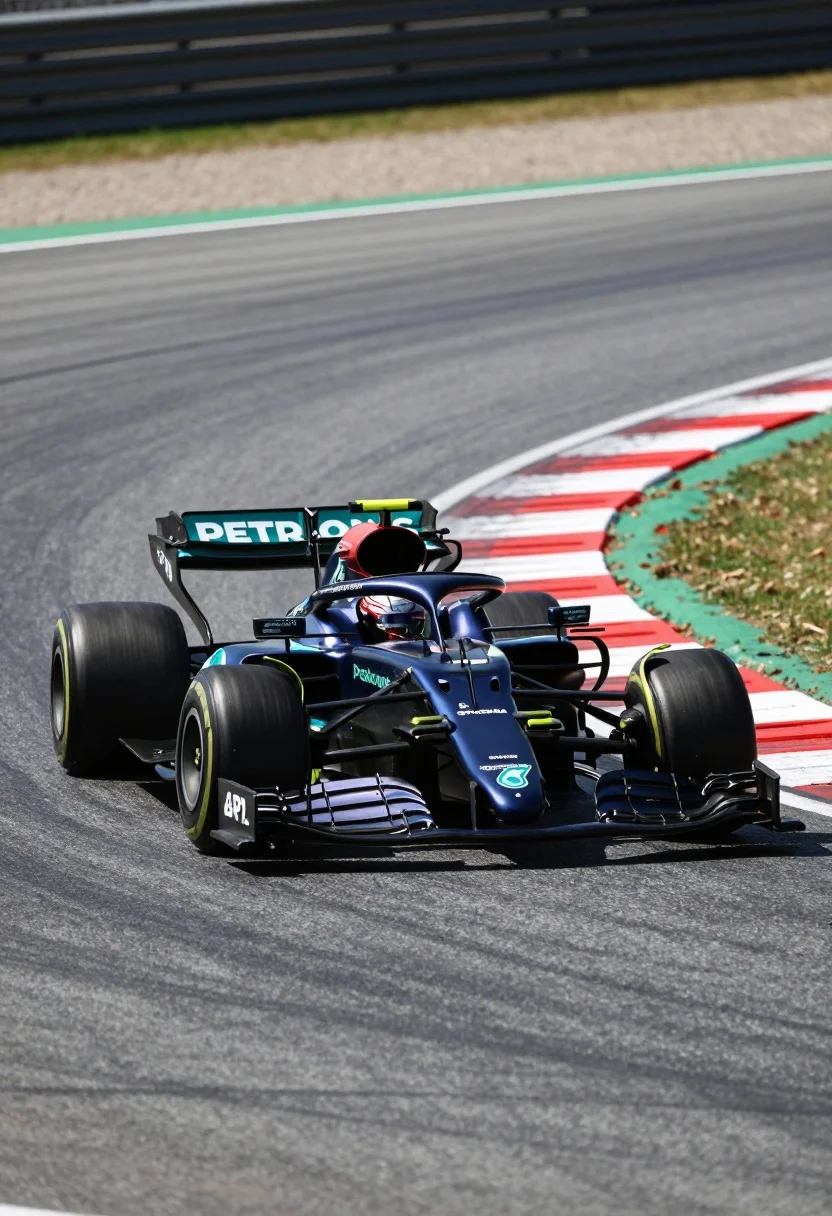 Sleek Blue Formula One Race Car Speeds Along Grey Asphalt