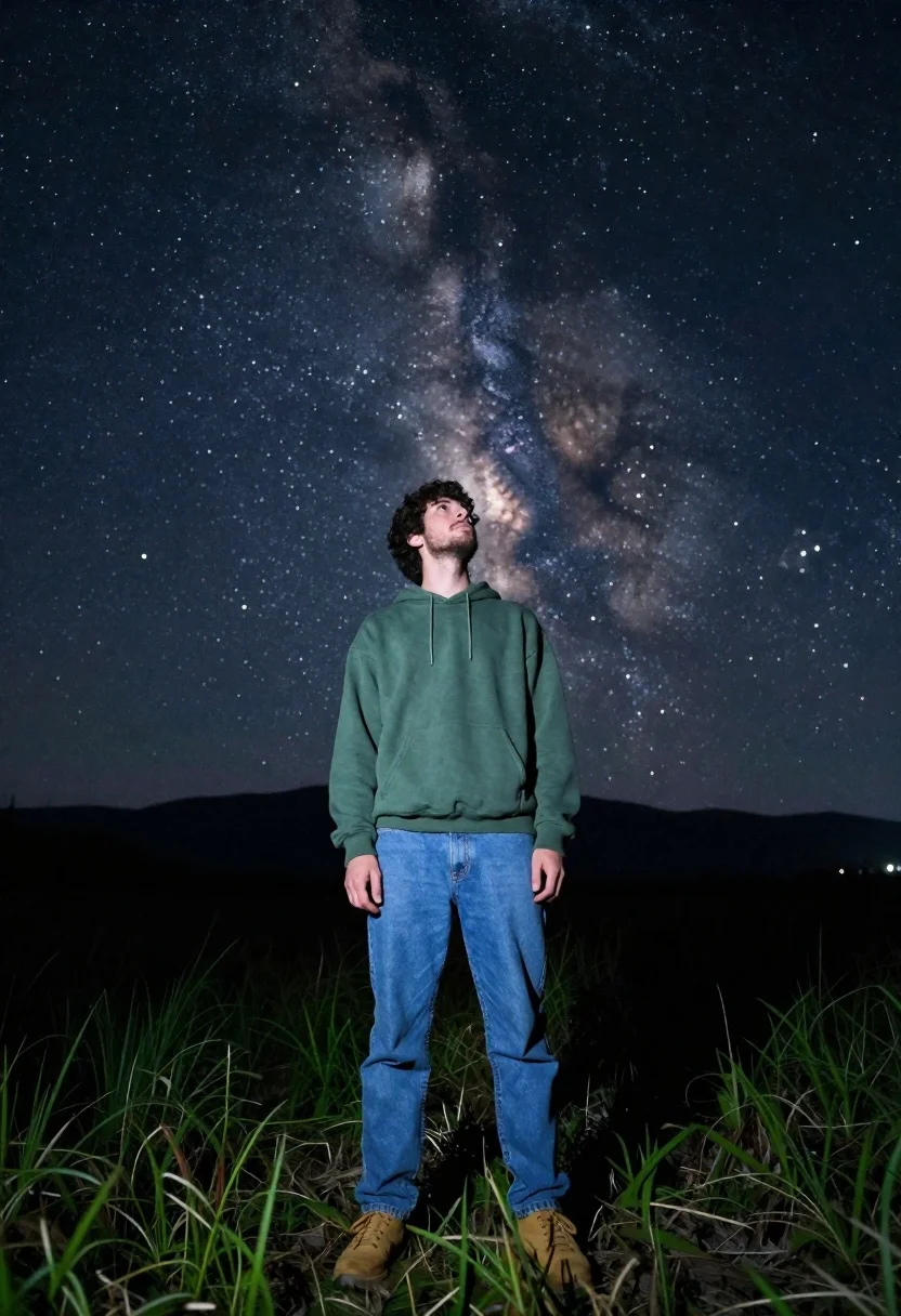 Young Man Stands Grassy Field Looking The Starry Night Sky