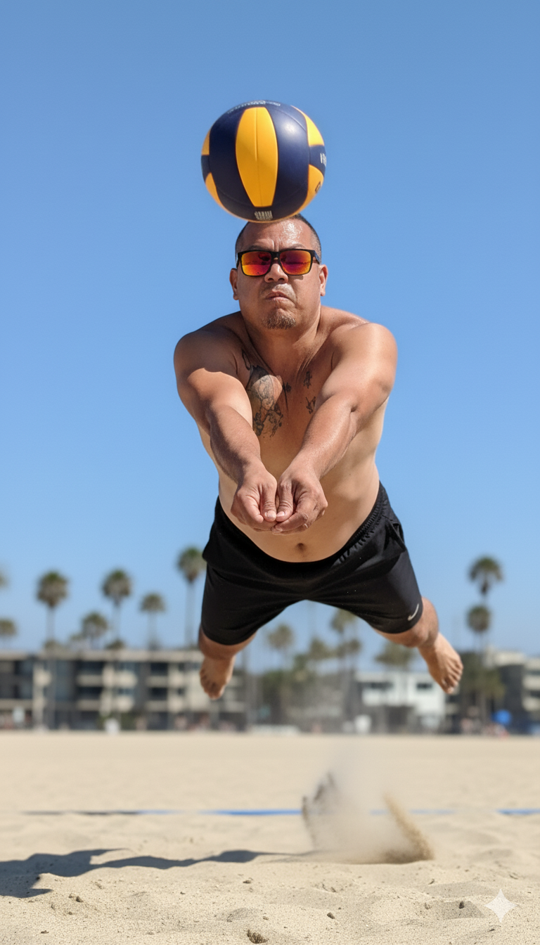 A beach volleyball player jumping mid-air, only revealing athletic focus and determination under a sunny sky.