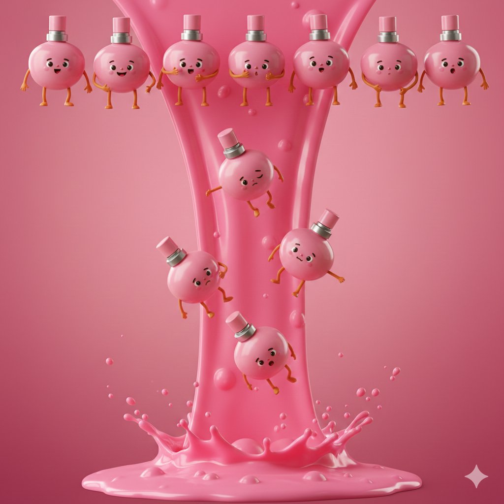A playful arrangement of luxury pink lipsticks posed like divers above a molten lipstick pool.