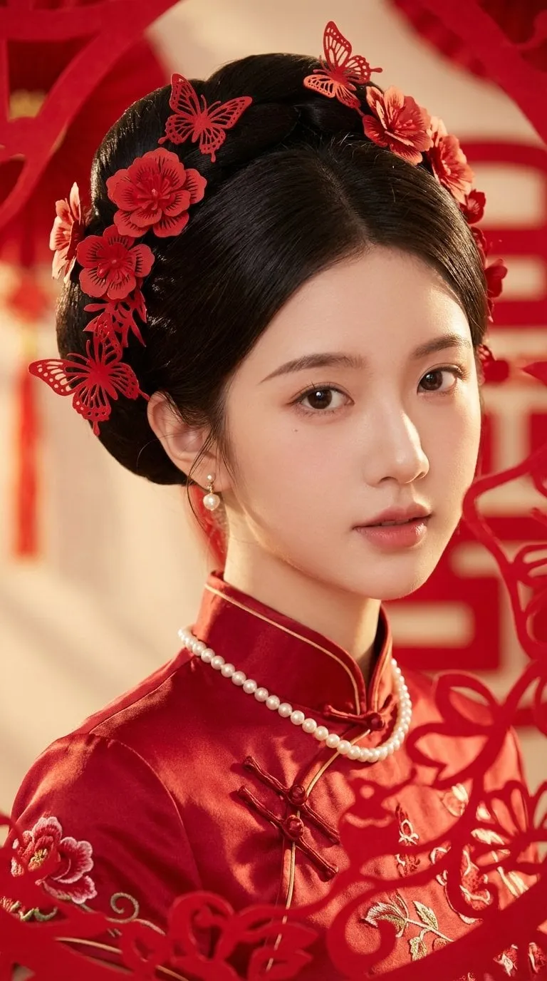 Traditional Chinese Bridal Portrait With Paper Cutouts