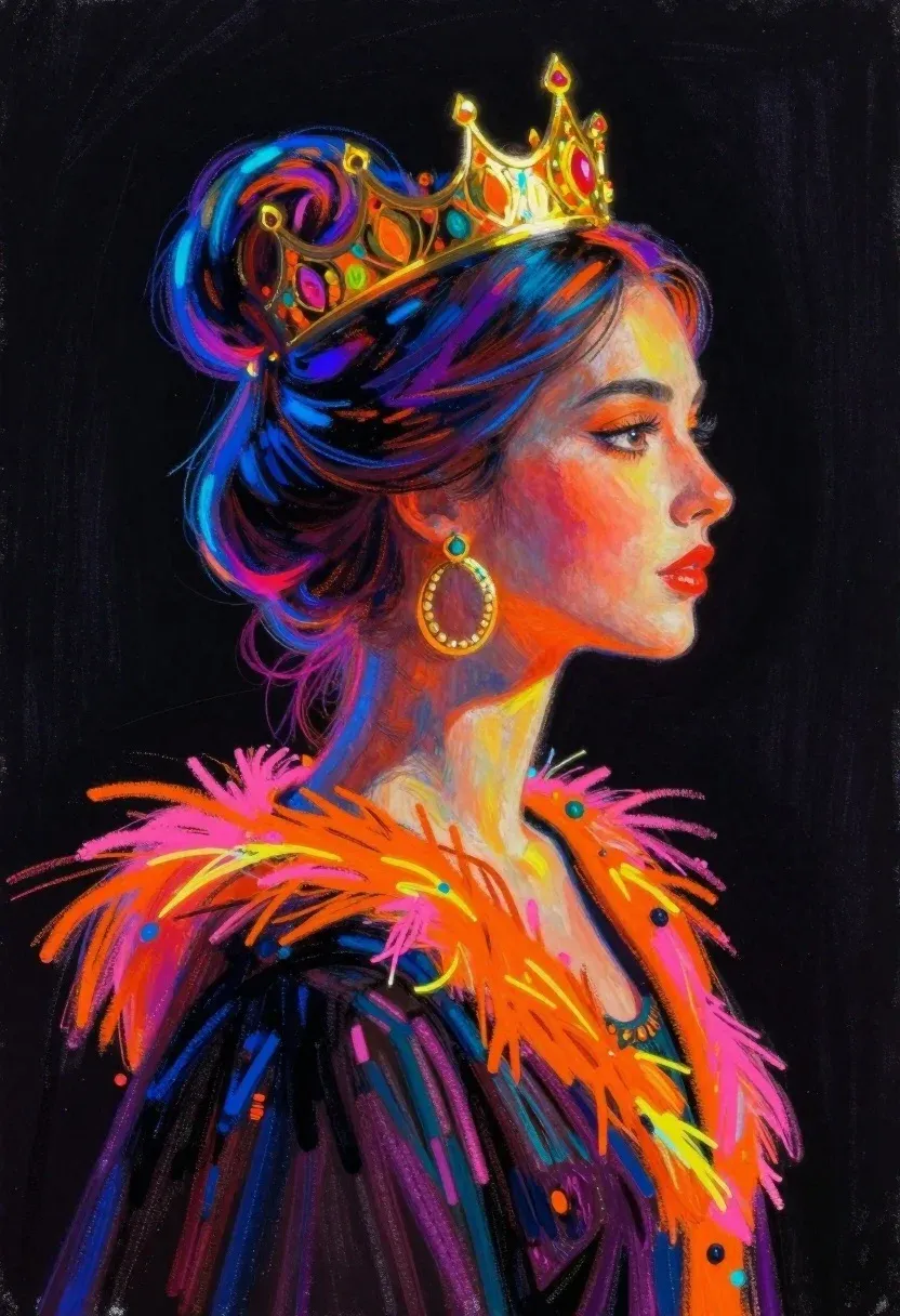 Oil Pastel Portrait Regal Woman Profile Against Solid Black Background
