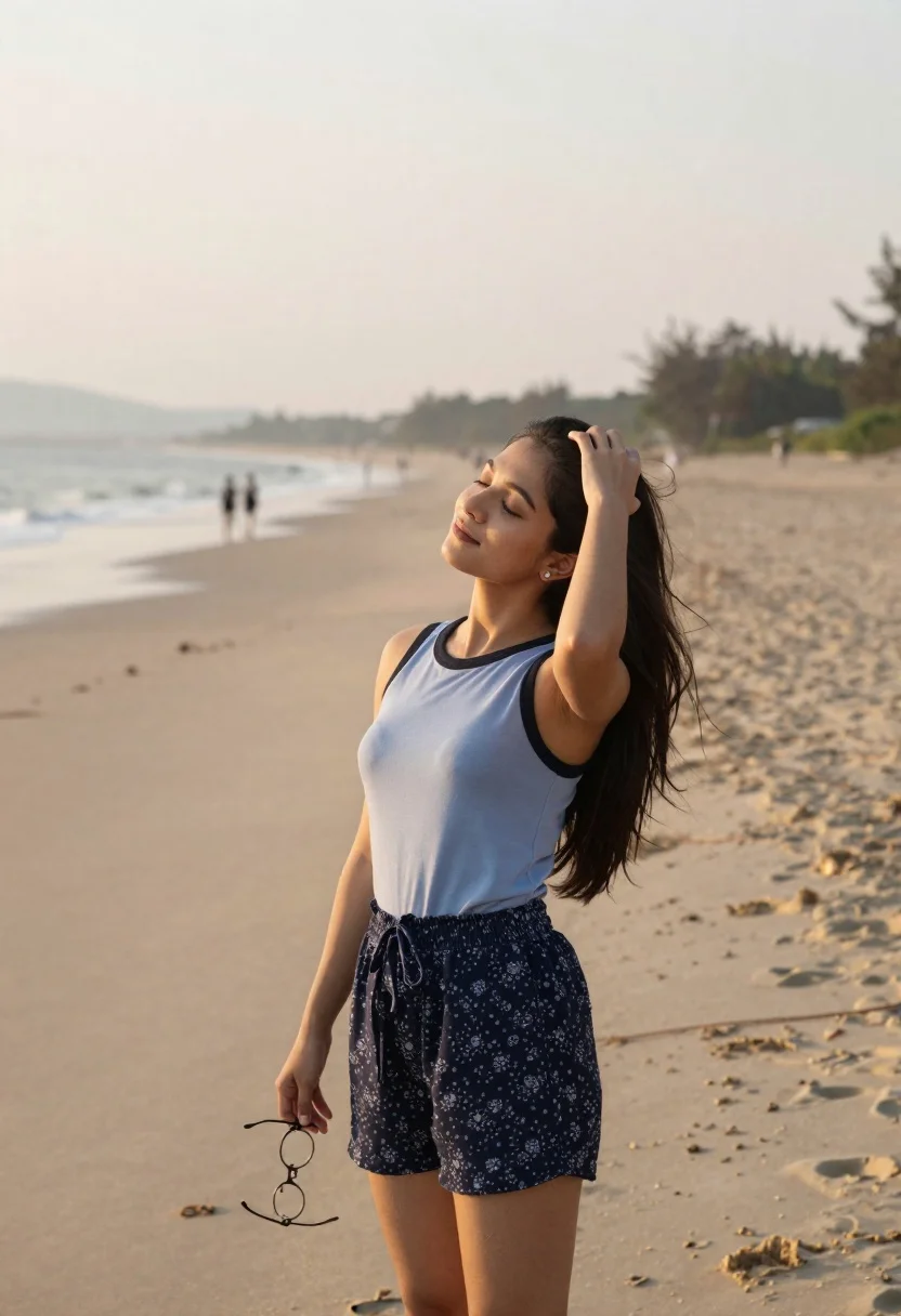 Young Woman Stands Sandy Beach With Her Eyes Closed And reference photo