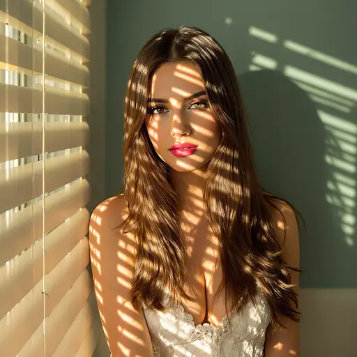 Brunette woman in a white laced dress with soft afternoon light illuminating her face and shadows across the wall