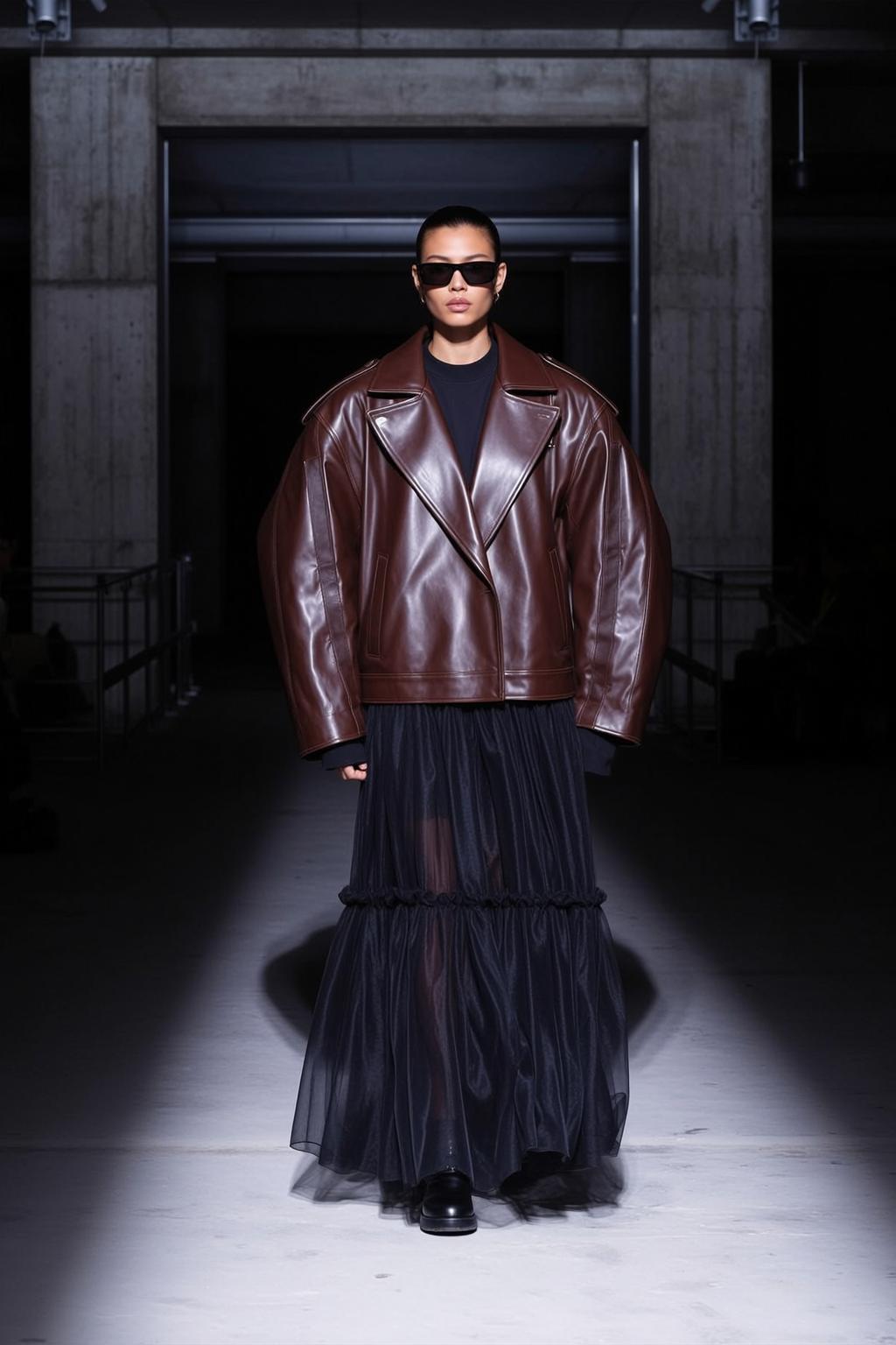 Model On Runway Black Leather Jacket Sheer Skirt