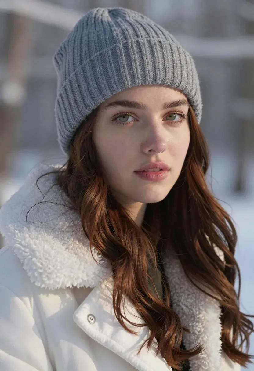 Close-up Portrait Young Woman With Long Wavy Brown Hair And