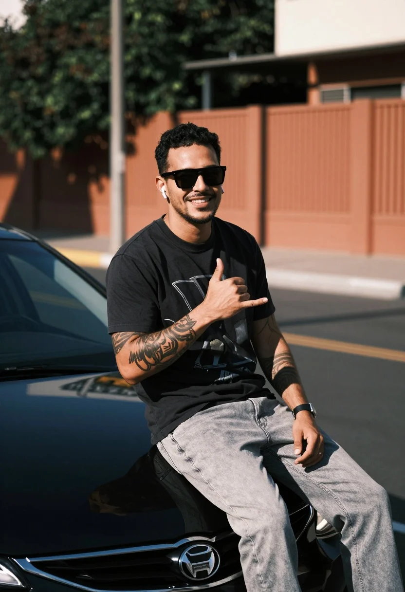 A man sits casually on the hood of a sleek black car, with strong sunlight casting deep shadows and highlights in an urban environment.
