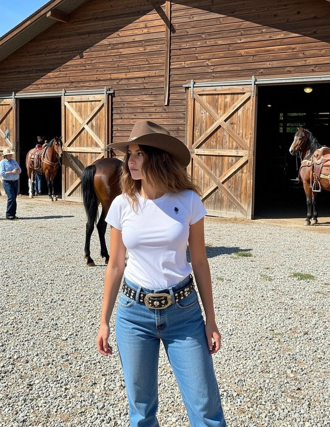 Cowgirl Stands Facing Slightly Her Left Head