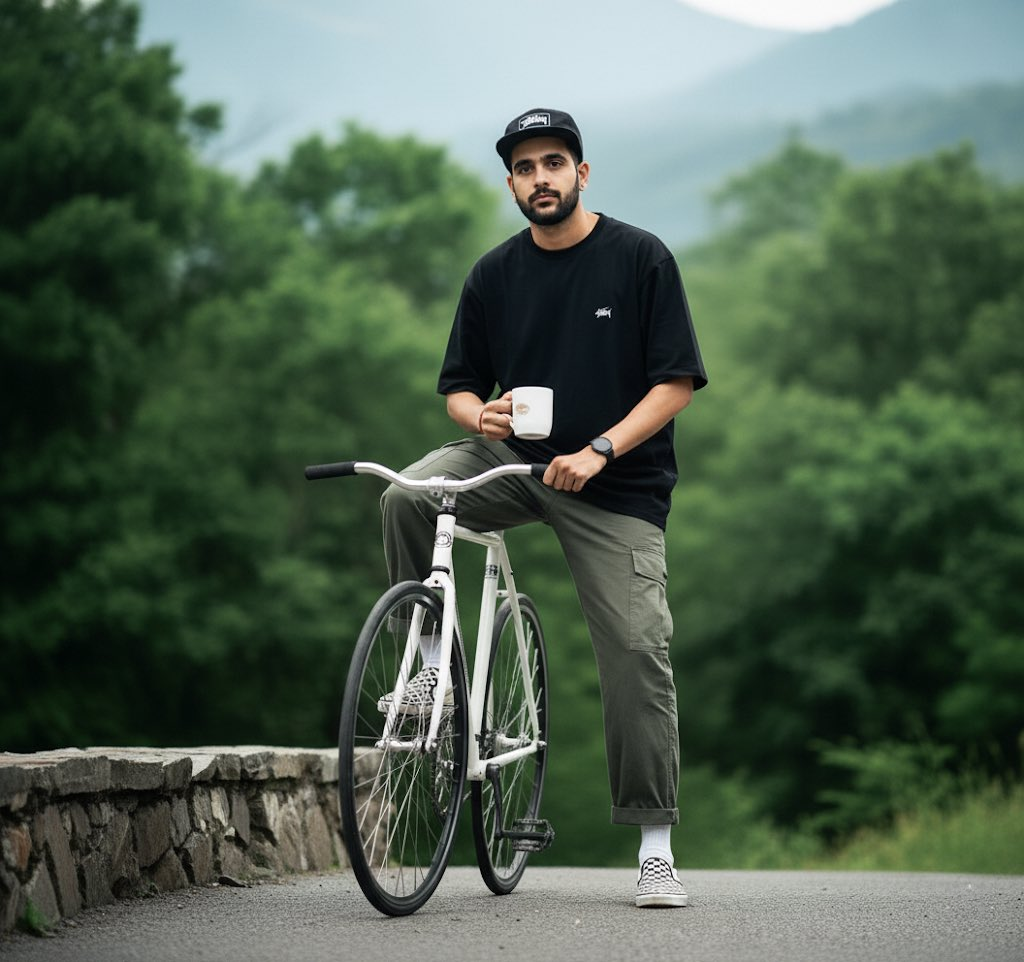 A stylish young man in an oversized black t-shirt and army green pants, pushing a white fixie bicycle, surrounded by lush green trees and mountains.