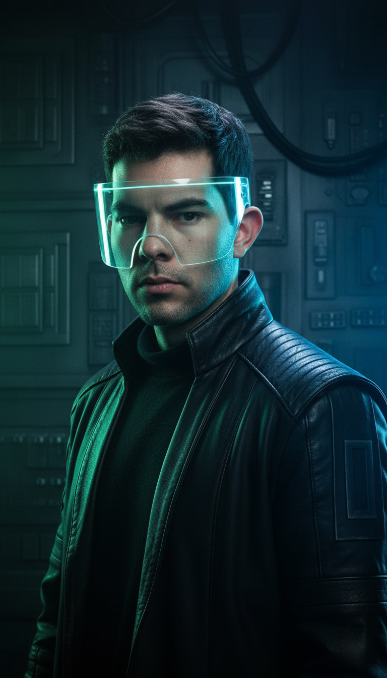 Studio portrait of a heroic adult man in a dark futuristic coat, with dramatic lighting and a blue-green illuminated visor.