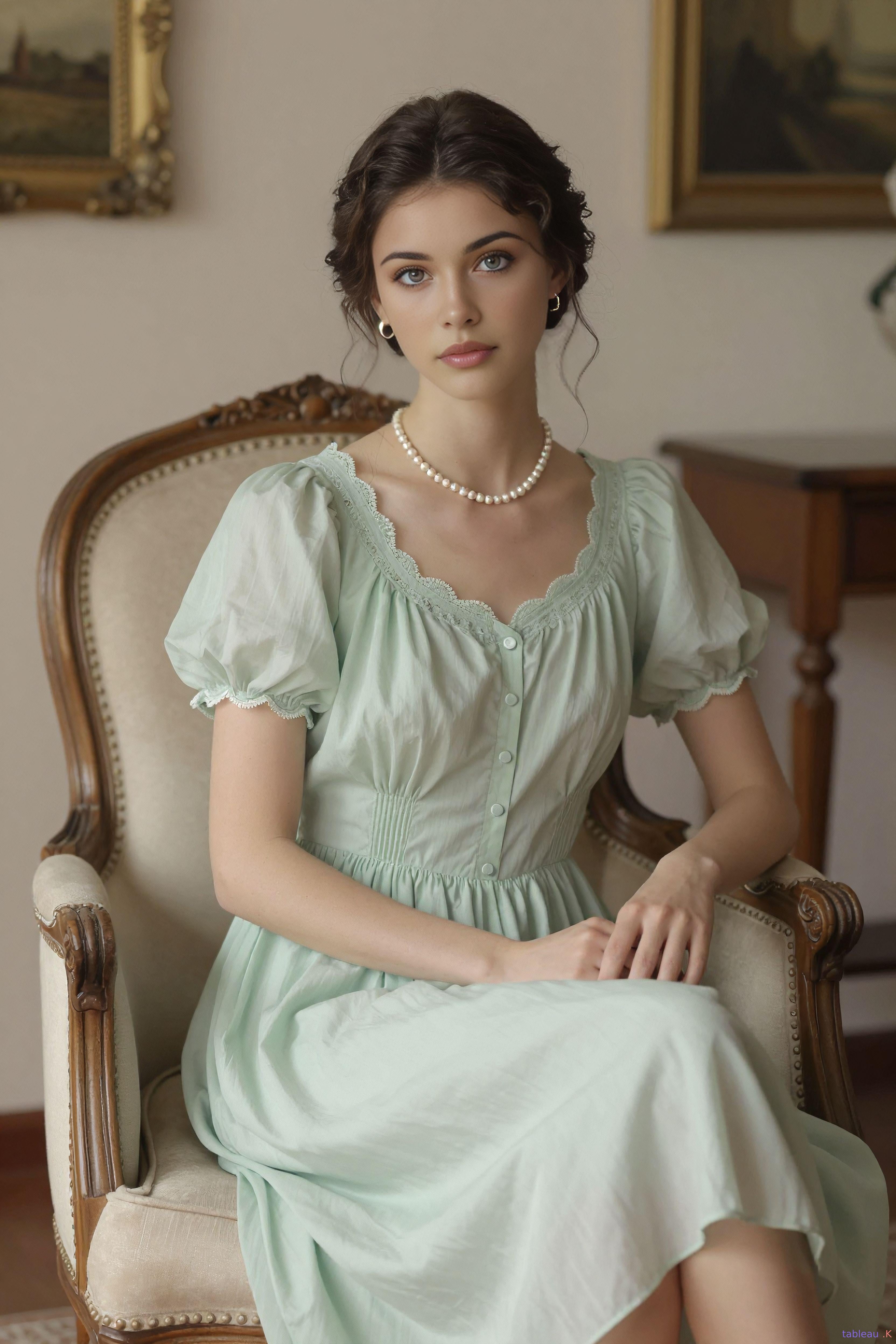 Victorian Dress Pearl Necklace Vintage Armchair