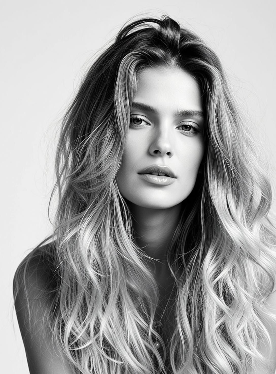Photorealistic Black And White Medium Close-up Portrait Young Woman With