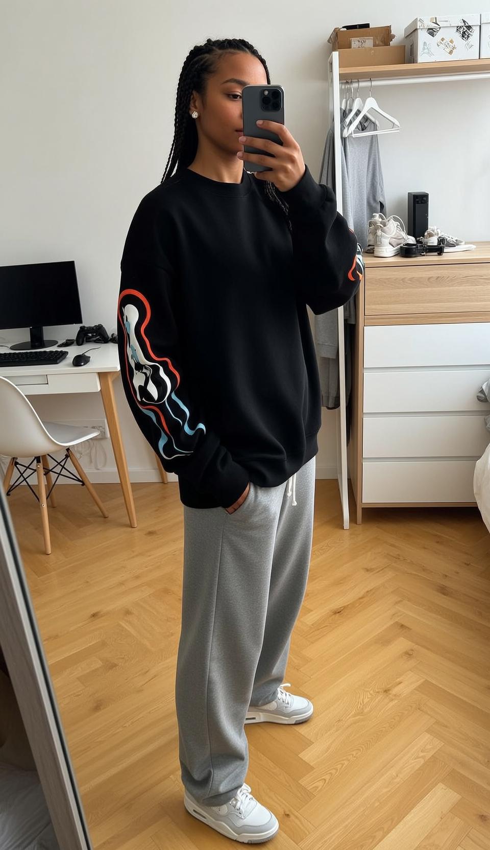 Graphic Sweatshirt Mirror Selfie