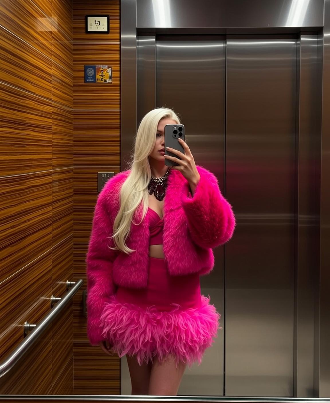 Barbiecore Stands Elevator Holding Smartphone Her Right