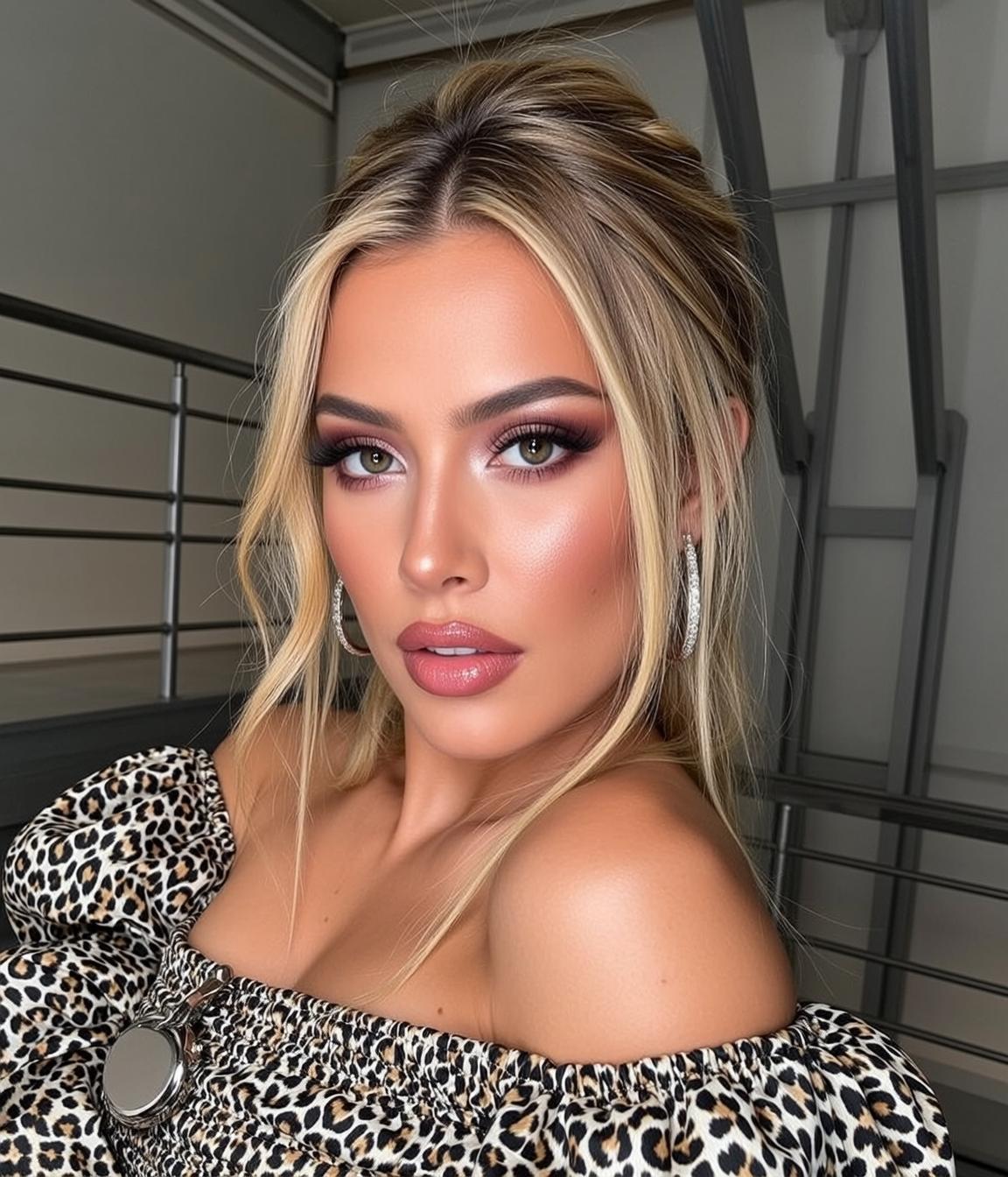 Photorealistic Portrait Young Woman With Blonde Hair Styled Messy Updo