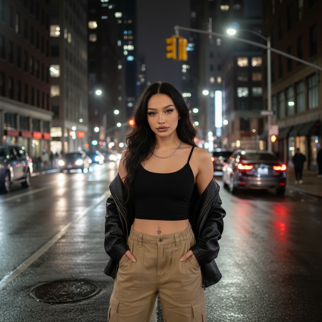 Young woman in a black crop top and tan cargo pants standing on a city street at night, looking at the camera with street lights blurred in the background.