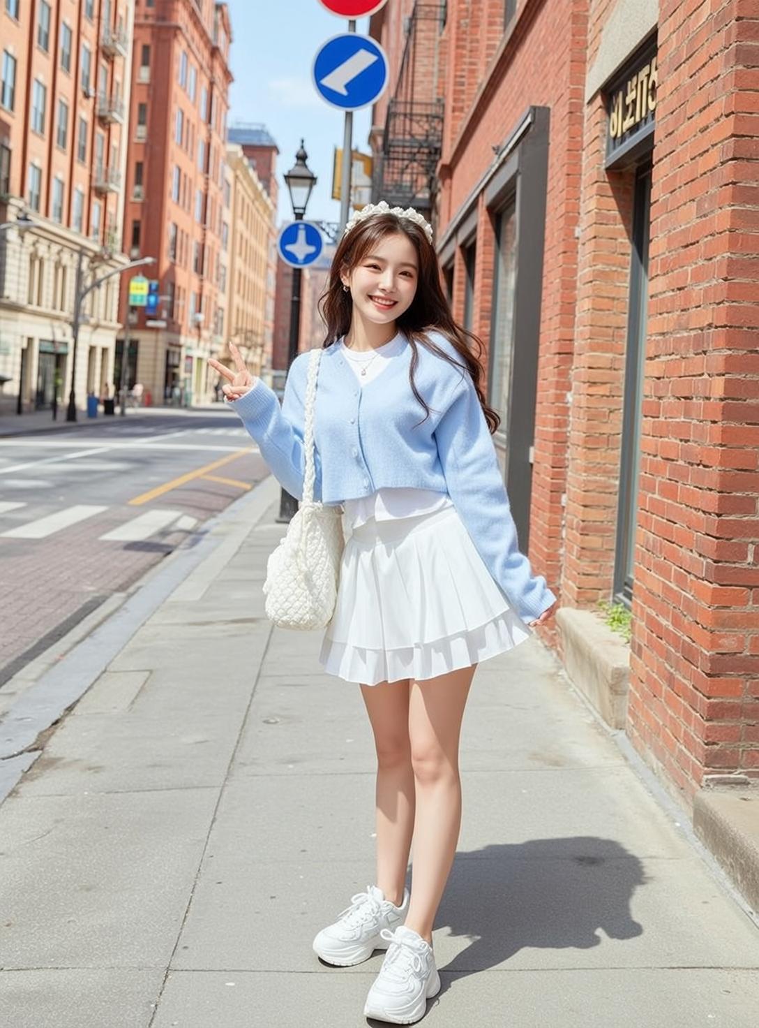 Blue Cardigan Peace Sign Street