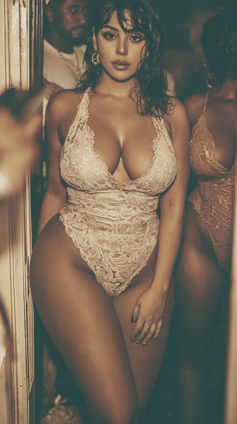 Lace Bodysuit Gold Hoops Dimly Lit Club Mirror