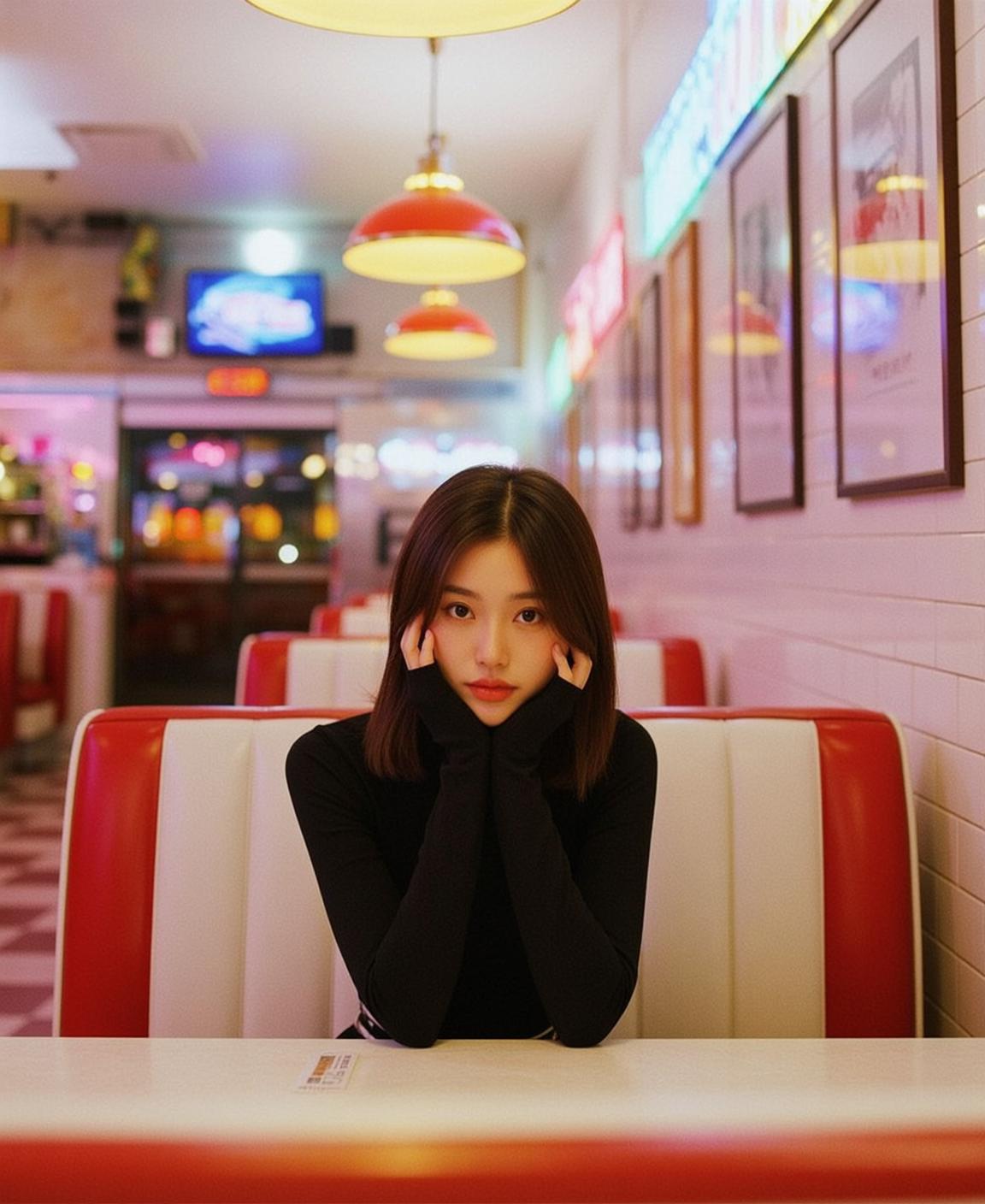 Black Turtleneck Diner Booth Warm Ambient Neon Glow Table