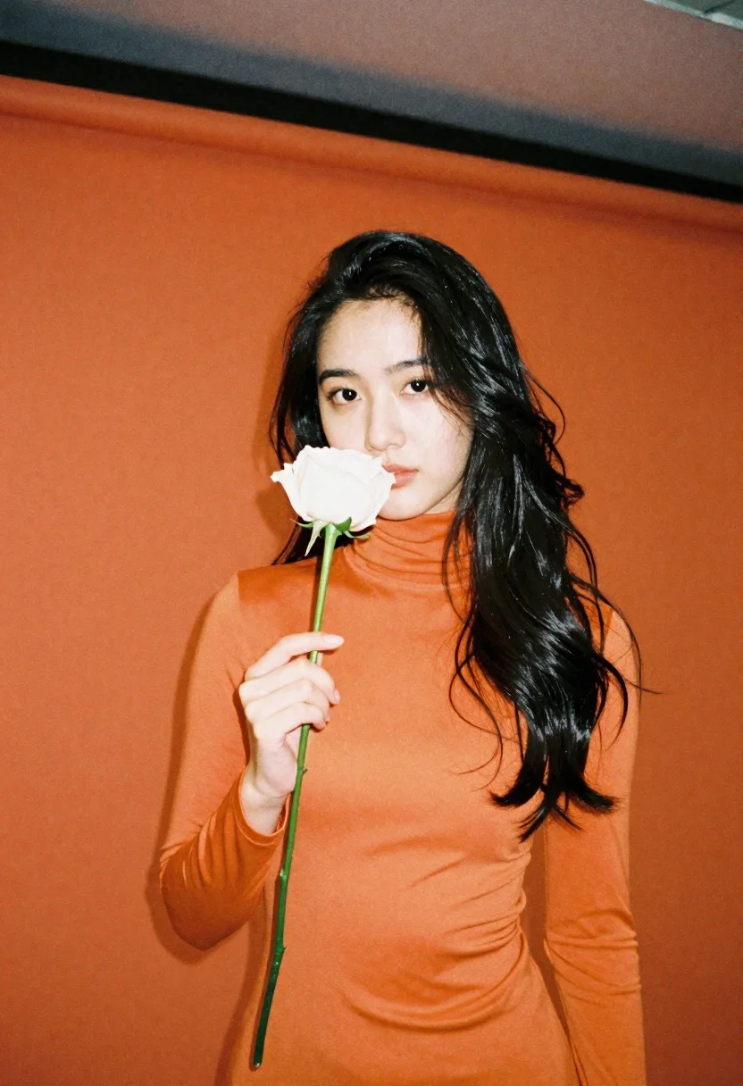 Young Woman With Long Dark Wavy Hair Stands Against Warm reference photo