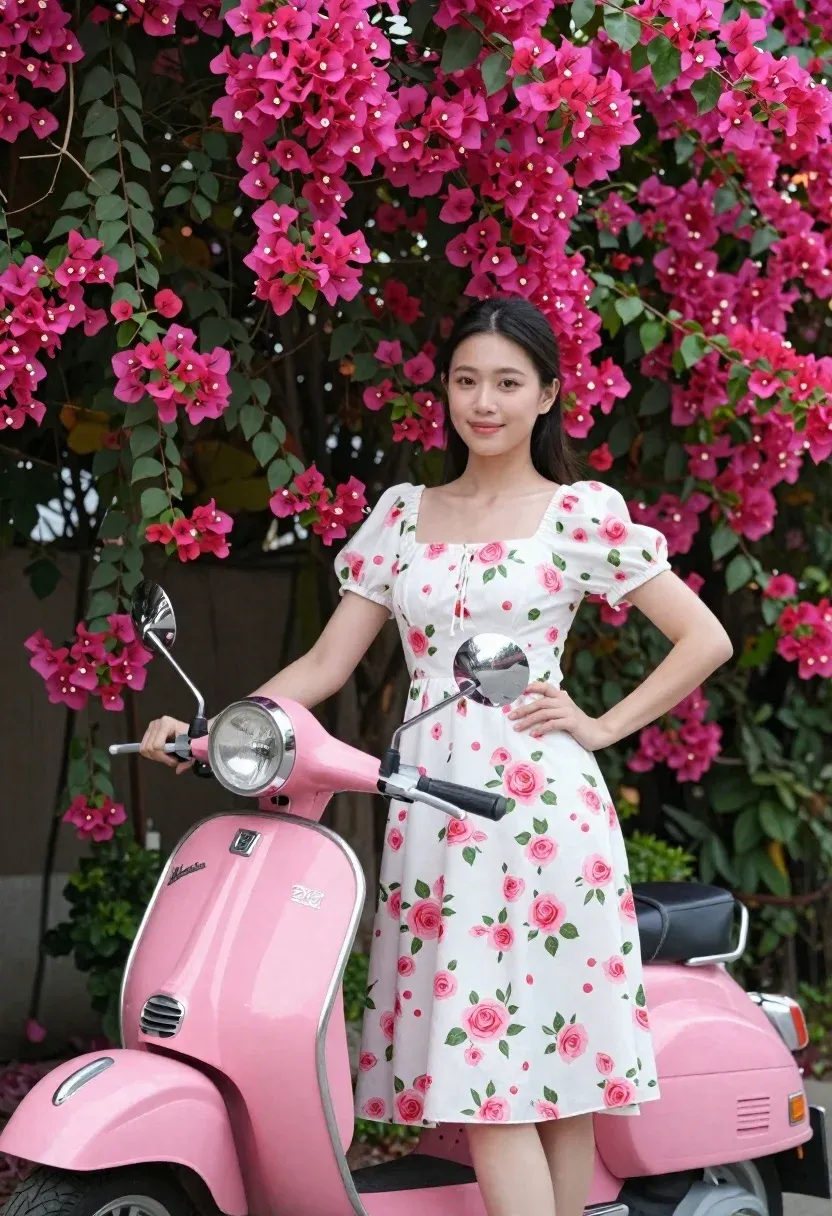 Young Woman Stands Confidently Next Bright Pink Vintage Scooter Front