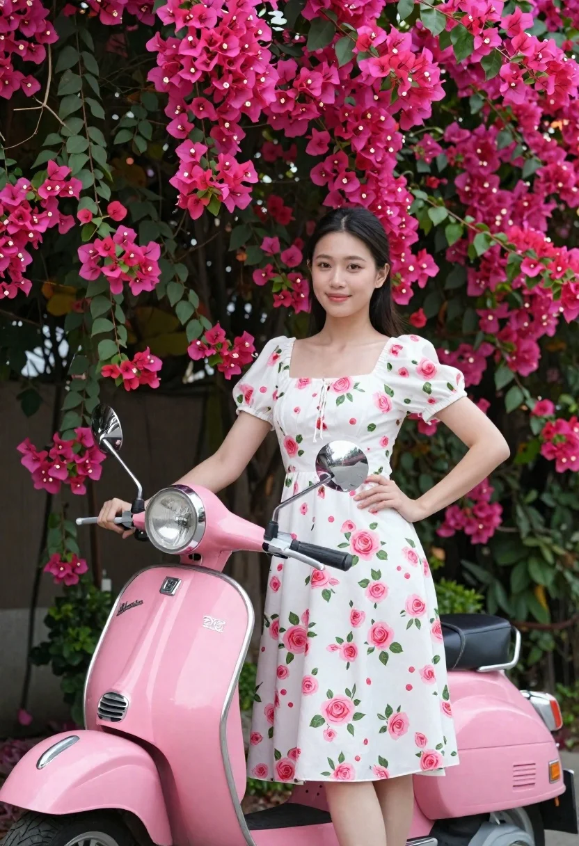 A confident young woman stands next to a bright pink vintage scooter, surrounded by vibrant magenta bougainvillea flowers under natural daylight.