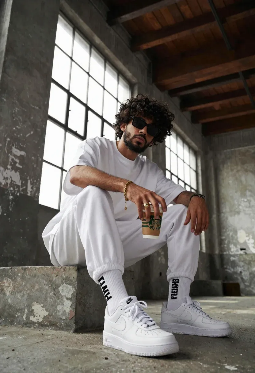 Stylish Young Man With Curly Dark Hair And Beard Sits
